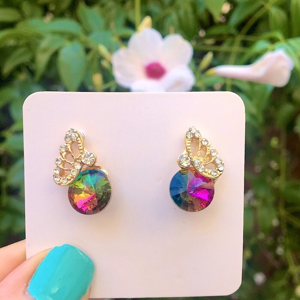 Heliotrope Rivoli + Gold Crystal Butterfly Earrings